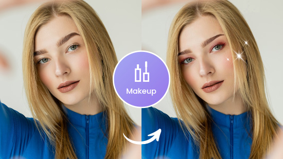 two before and after woman photos of using PhotoDirector to virtually try on eye makeup